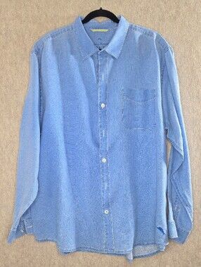 100% Linen Tommy Bahama Light Blue Casual Button-Down Shirt